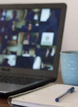 Laptop, school and books on table. Online school, e-learning concept