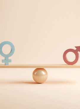 Gender equality concept. Male and female symbol on the scales with balance on blue background. minimal style.