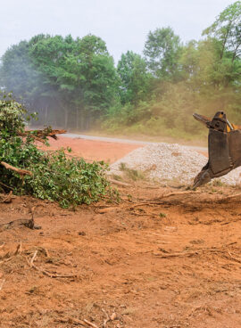 During the uprooting of trees and deforestation, a tractor is working the process to prepare the land for new house construction.