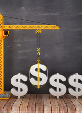 Tower Crane with DOLAR SIGN on Chalkboard Background – 3D Rendering