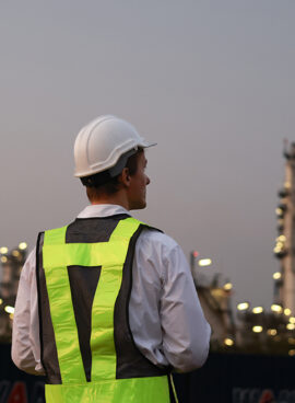 The chemical engineer working the late night shift at the petroleum oil refinery in an industrial estate. Chemical engineering, fuel and power generation, petrochemical factory industry concept