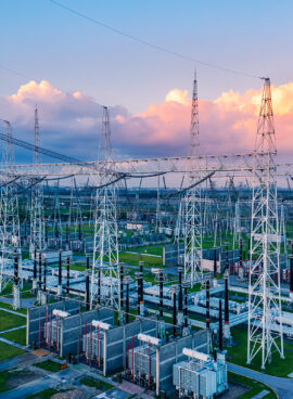 Aerial view of a high voltage substation.
